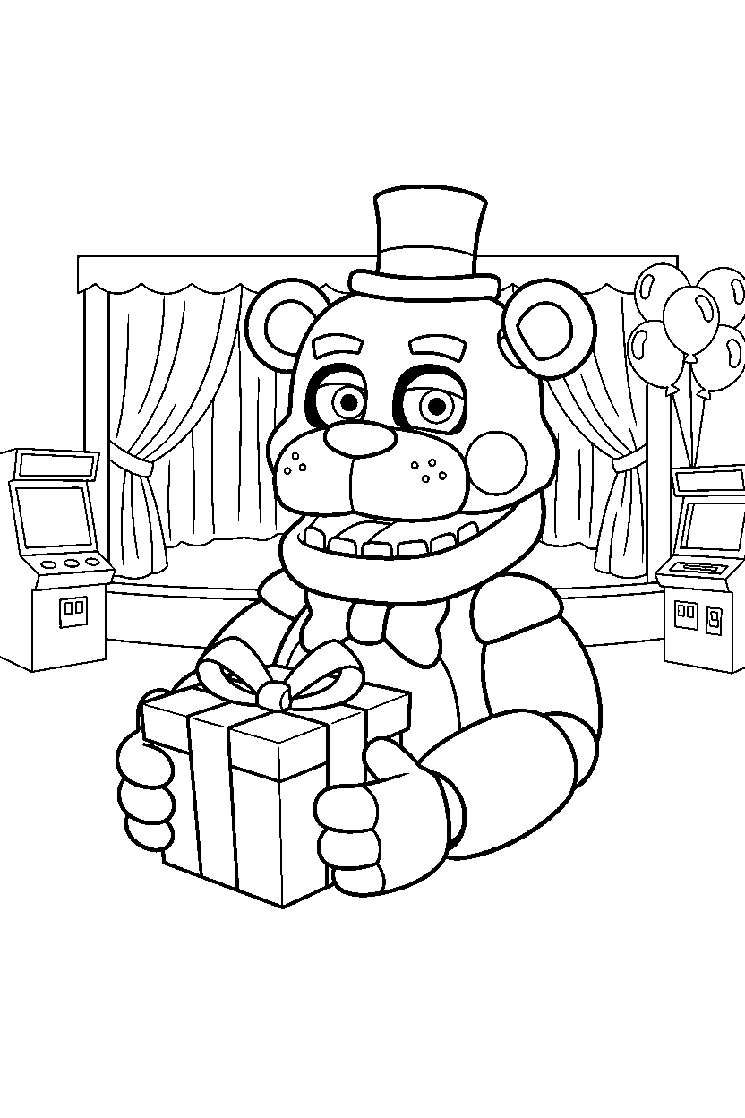 freddy fazbear from five nights at freddy s holding a present in a fun entertainment center line art