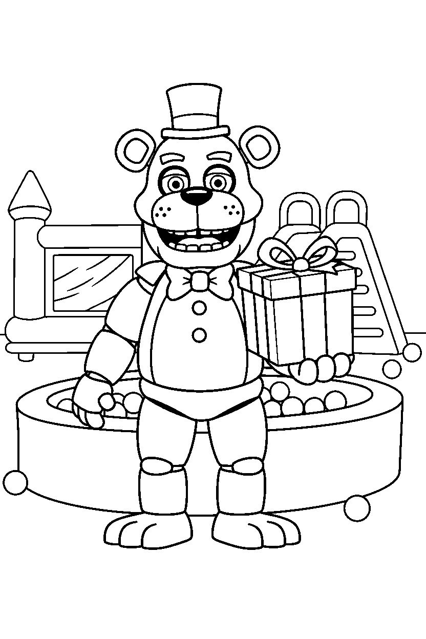 freddy fazbear from five nights at freddy s holding a present inside an indoor play area line art