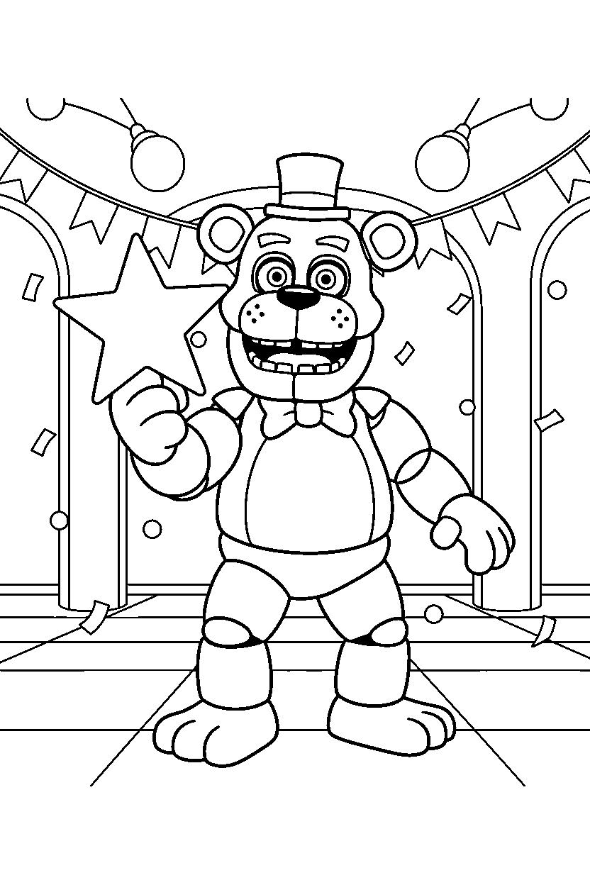 freddy fazbear from five nights at freddy s holding a star in a colorful entertainment hall line art