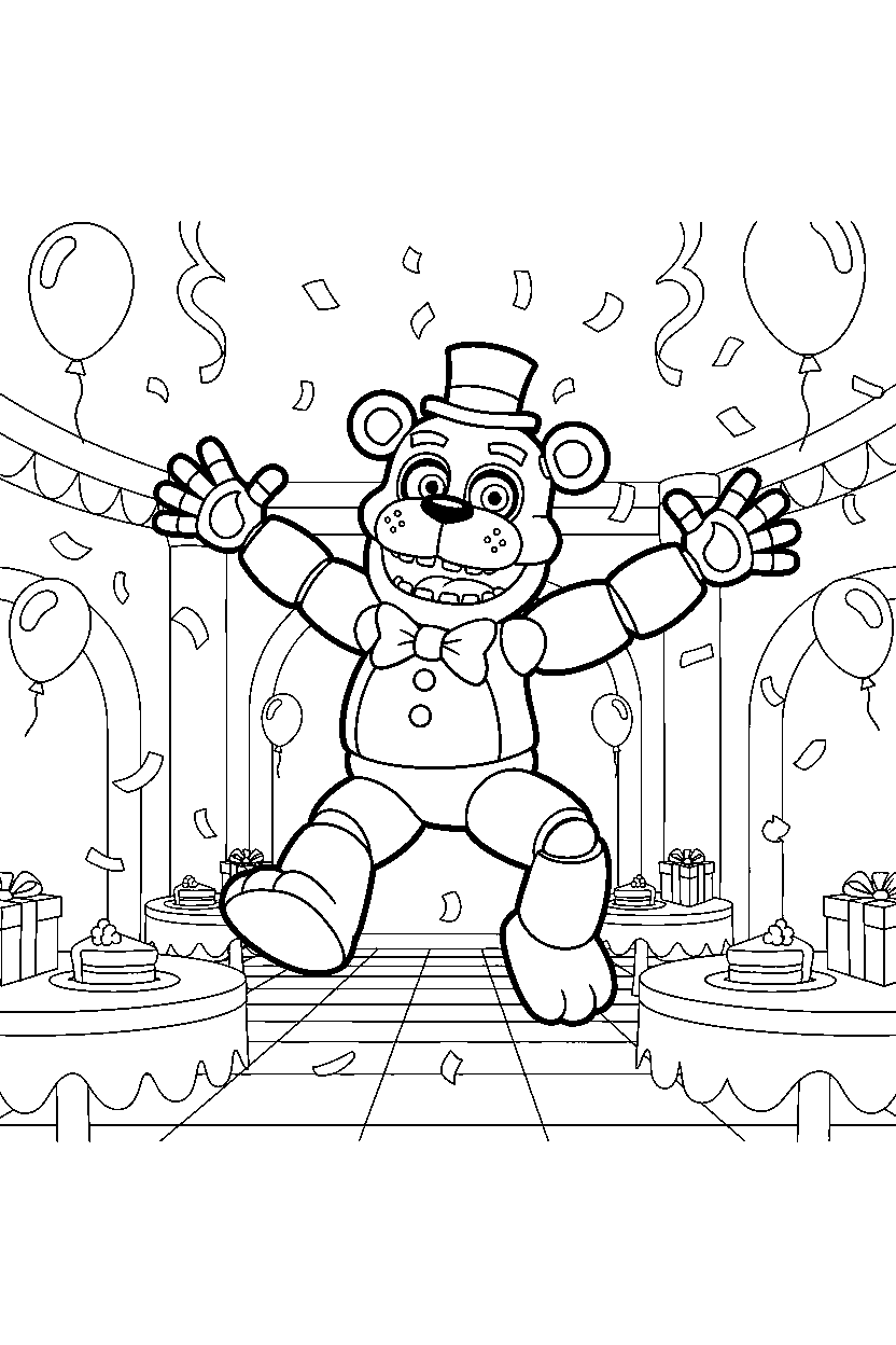 freddy fazbear from five nights at freddy s jumping happily inside a cartoon party hall line art