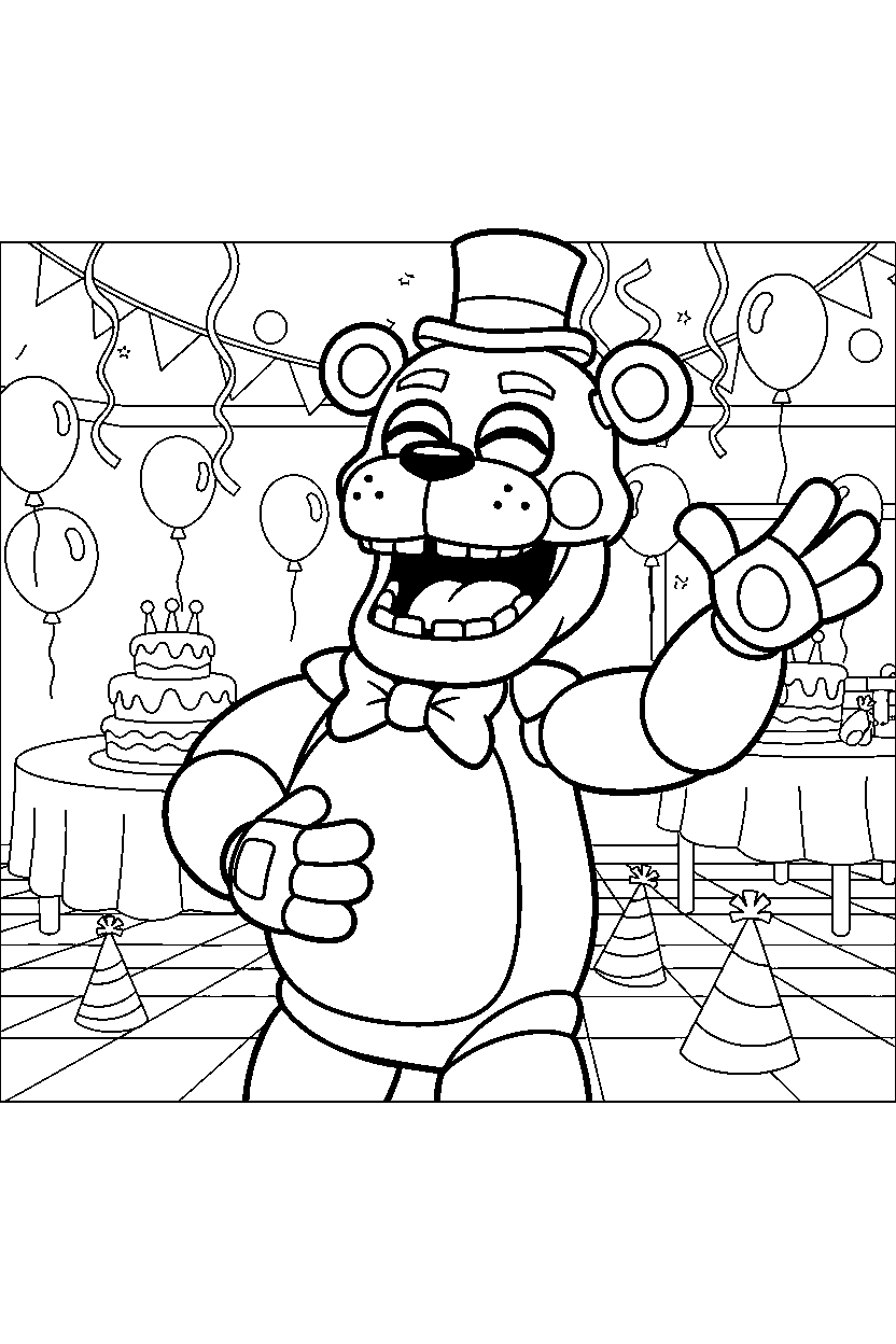 freddy fazbear from five nights at freddy s laughing happily in a colorful party hall line art