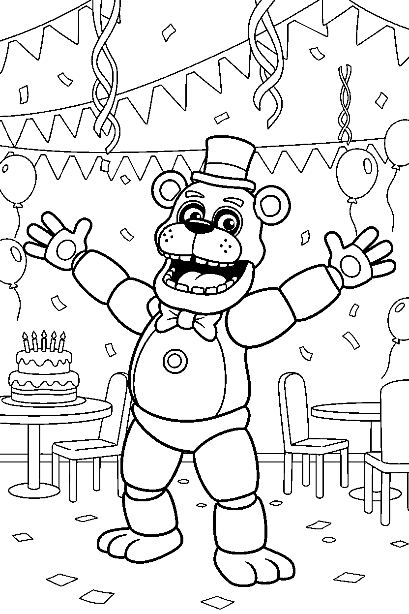 freddy fazbear from five nights at freddy s laughing happily in a festive event room line art