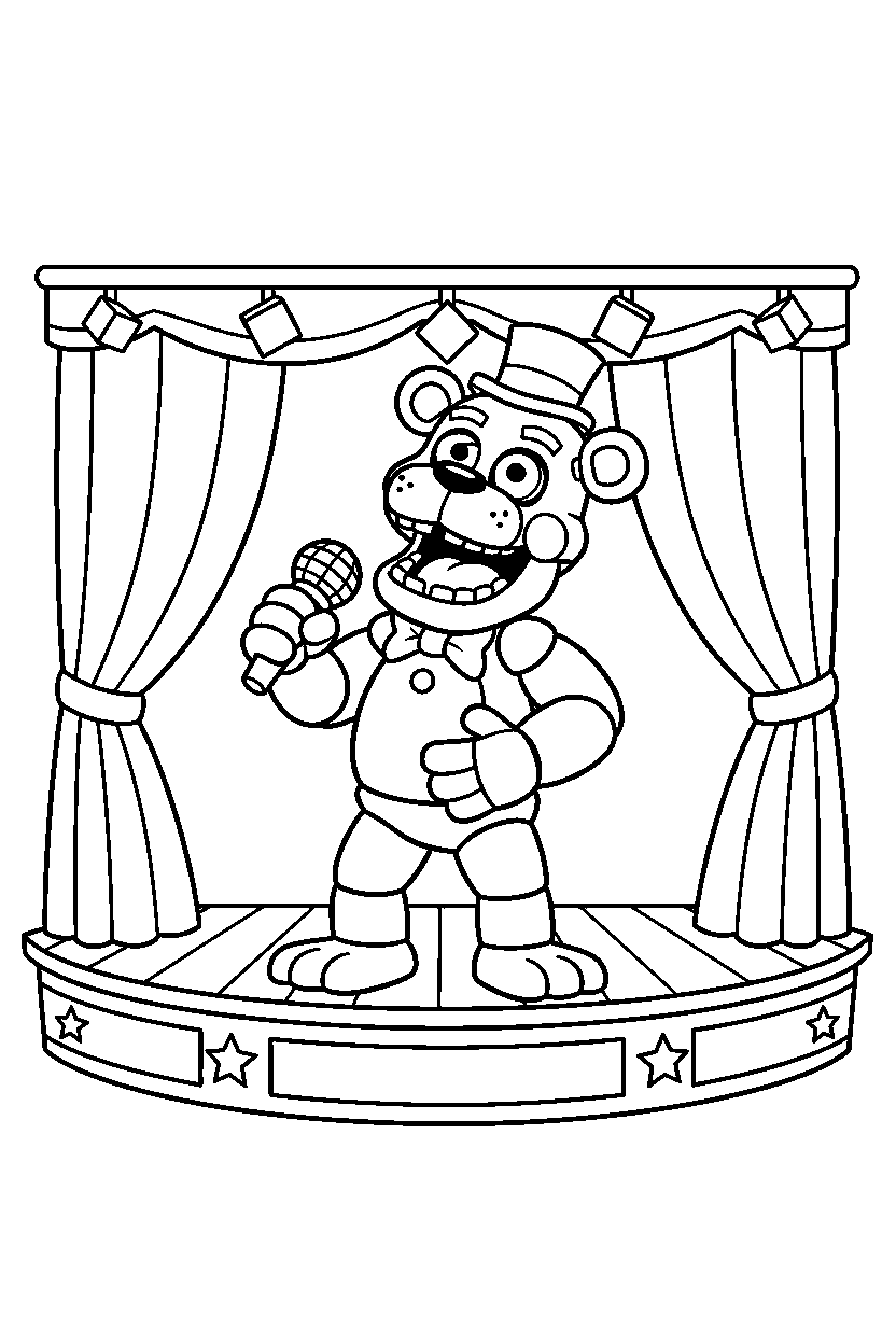 freddy fazbear from five nights at freddy s laughing happily on a performance stage line art