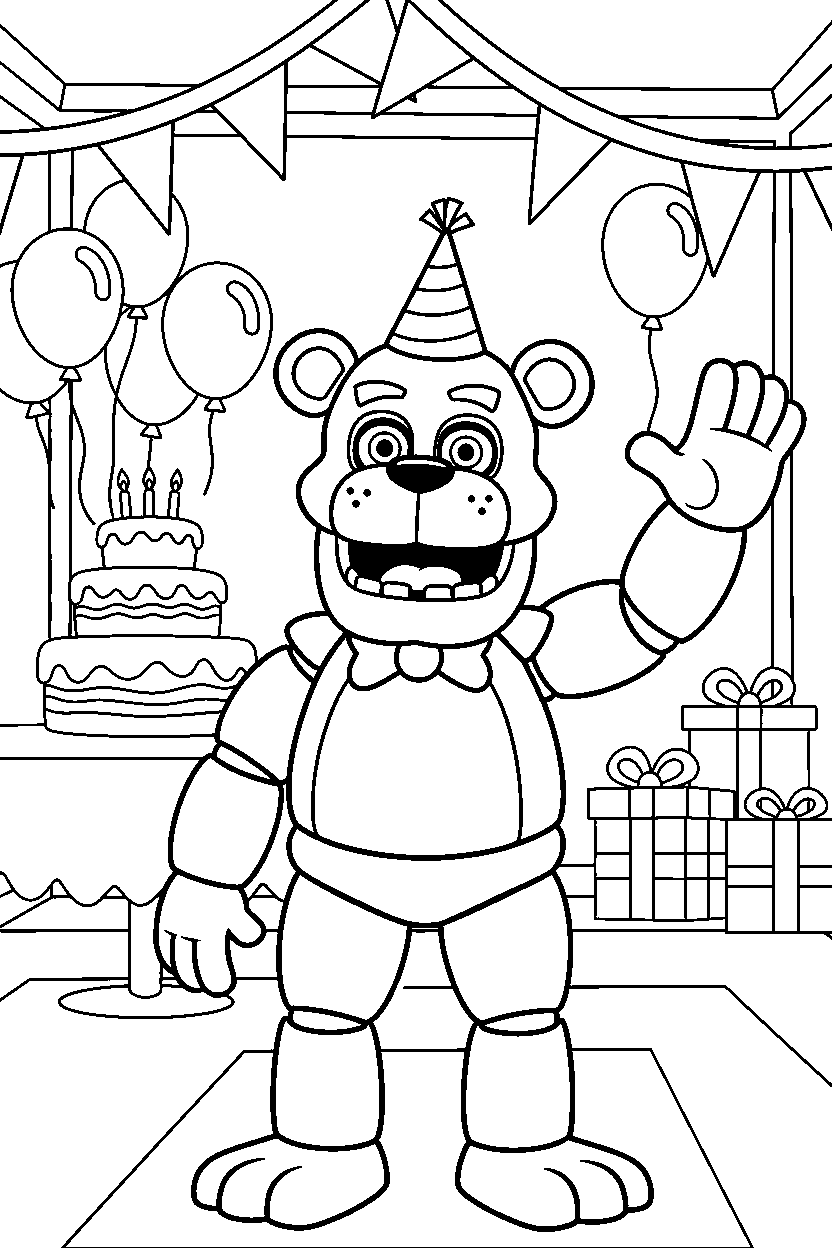 freddy fazbear from five nights at freddy s making a friendly pose in a birthday celebration room line art