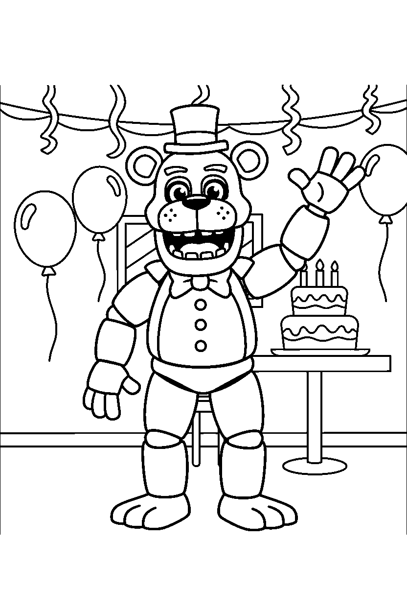 freddy fazbear from five nights at freddy s making a friendly pose in a bright party room line art
