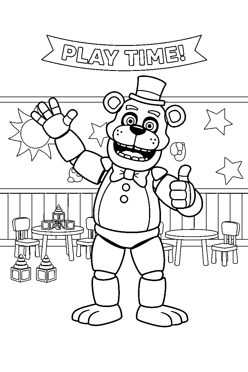 freddy fazbear from five nights at freddy s making a friendly pose in a decorated playroom line art