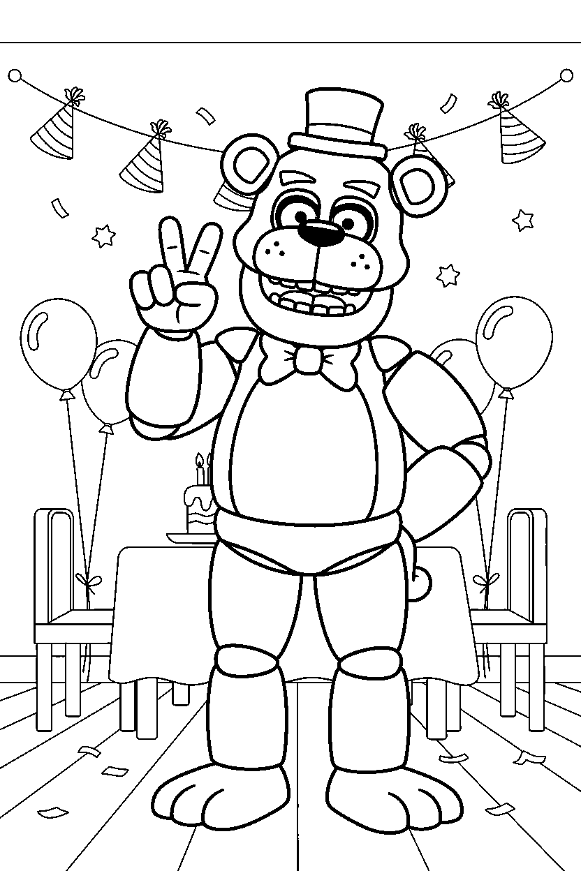 freddy fazbear from five nights at freddy s making a peace sign in a birthday celebration room line art