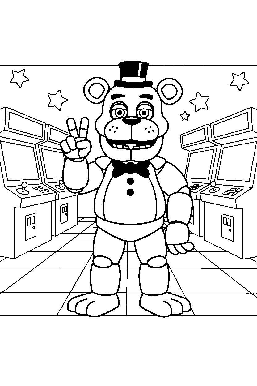 freddy fazbear from five nights at freddy s making a peace sign in a bright game arcade line art