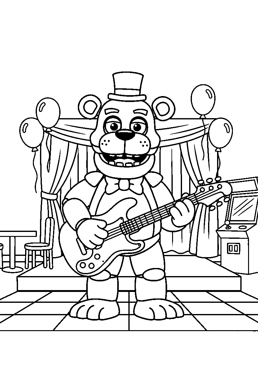 freddy fazbear from five nights at freddy s playing guitar in a family restaurant line art