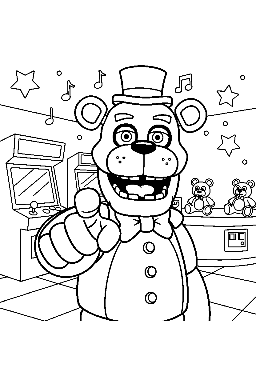 freddy fazbear from five nights at freddy s pointing forward in a bright game arcade line art