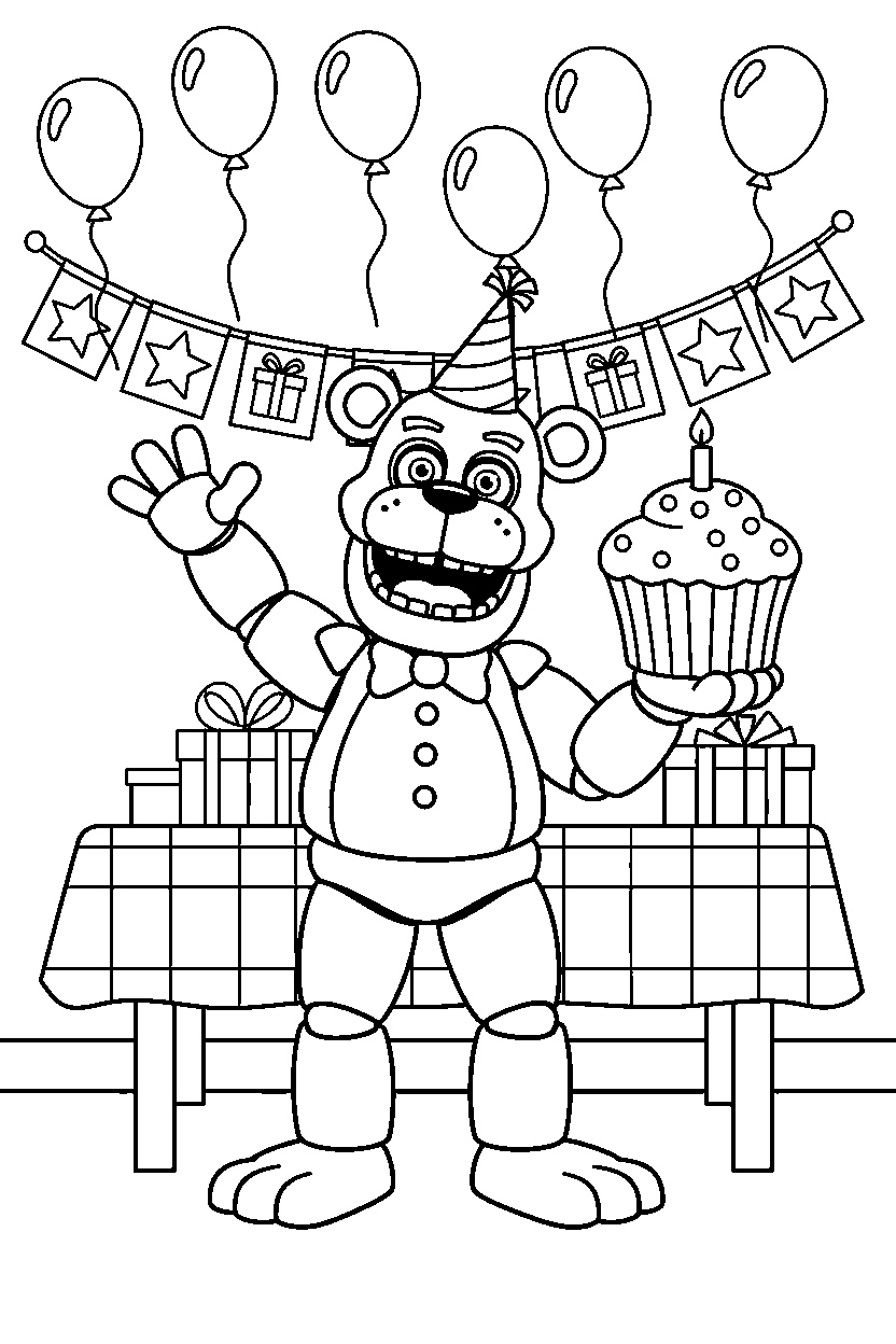 freddy fazbear from five nights at freddy s posing happily in a birthday celebration room line art