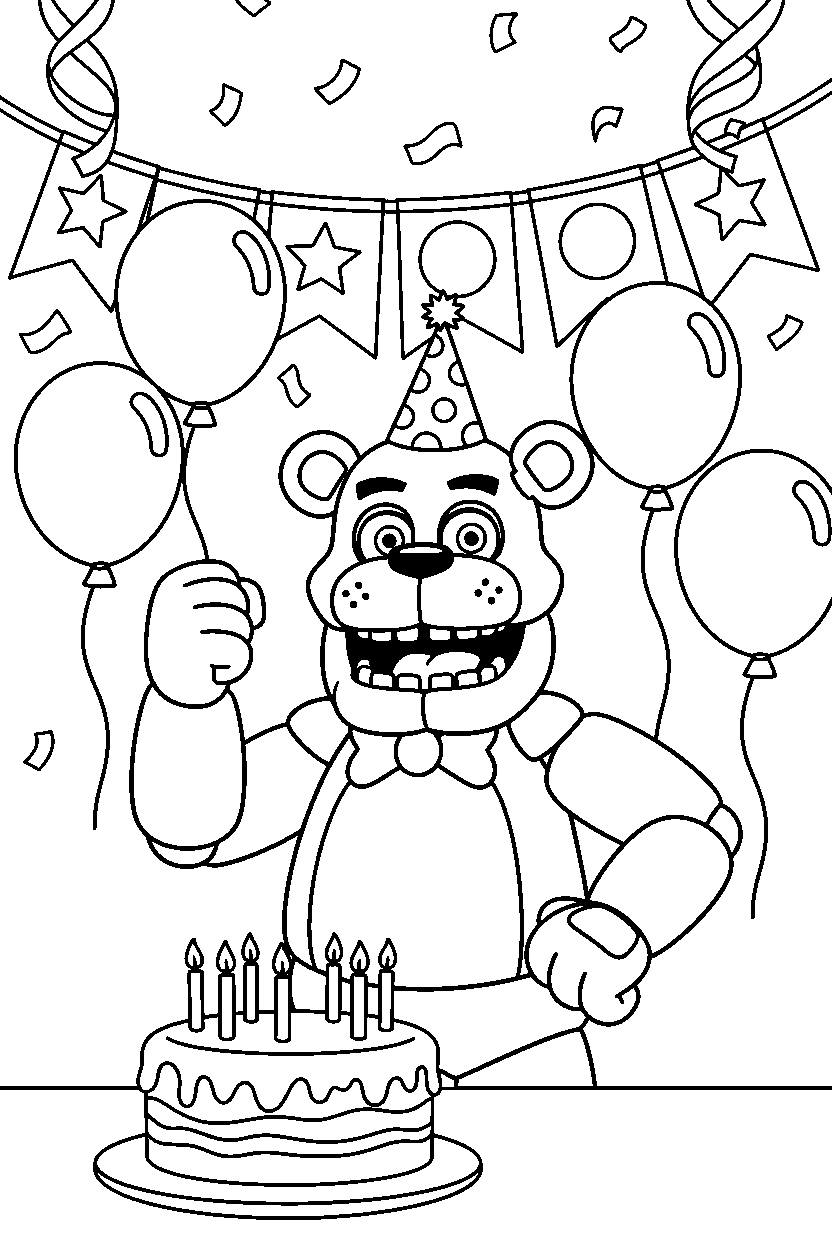 freddy fazbear from five nights at freddy s posing heroically in a birthday celebration room line art