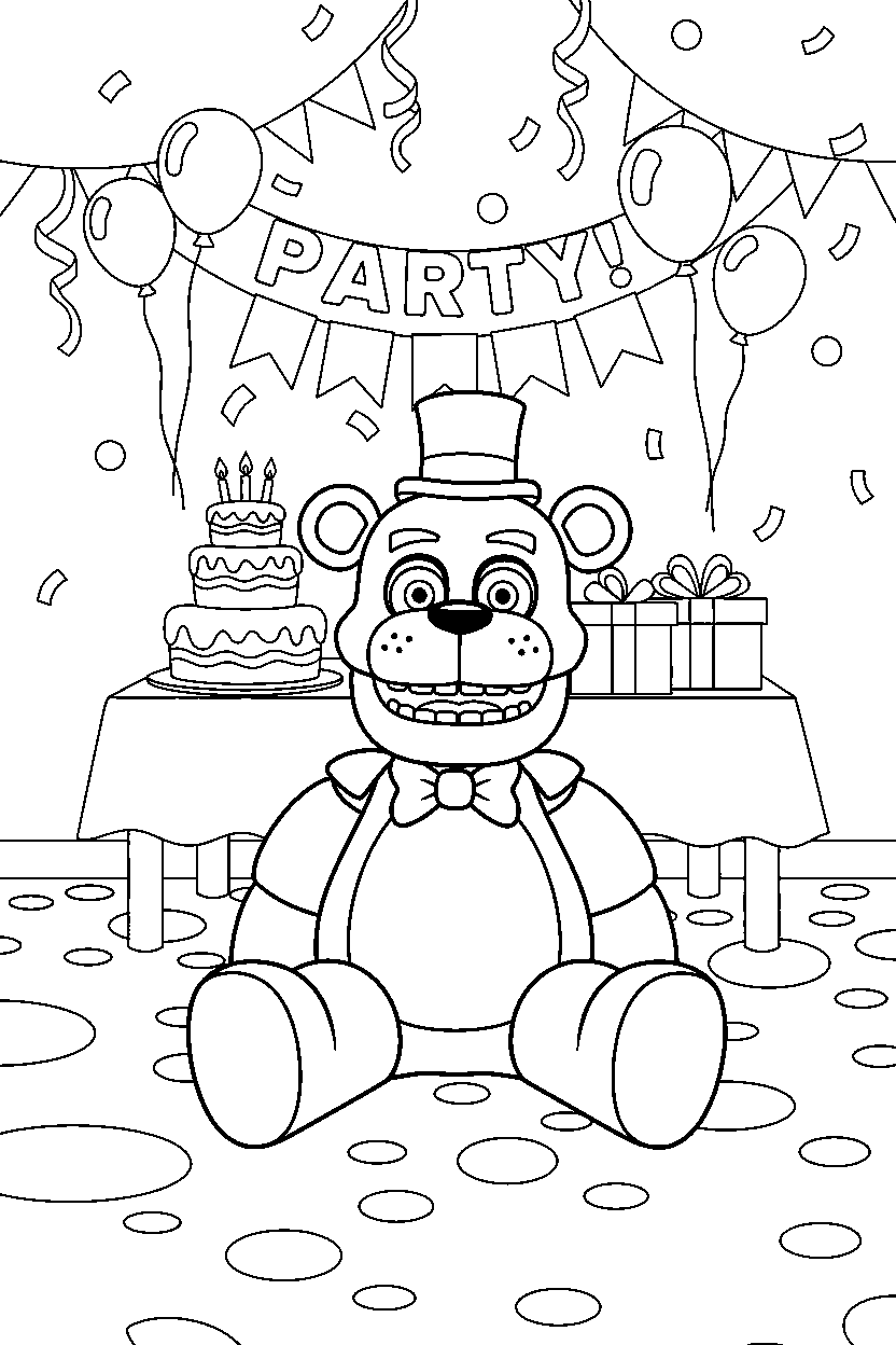 freddy fazbear from five nights at freddy s sitting and smiling in a decorated party room line art