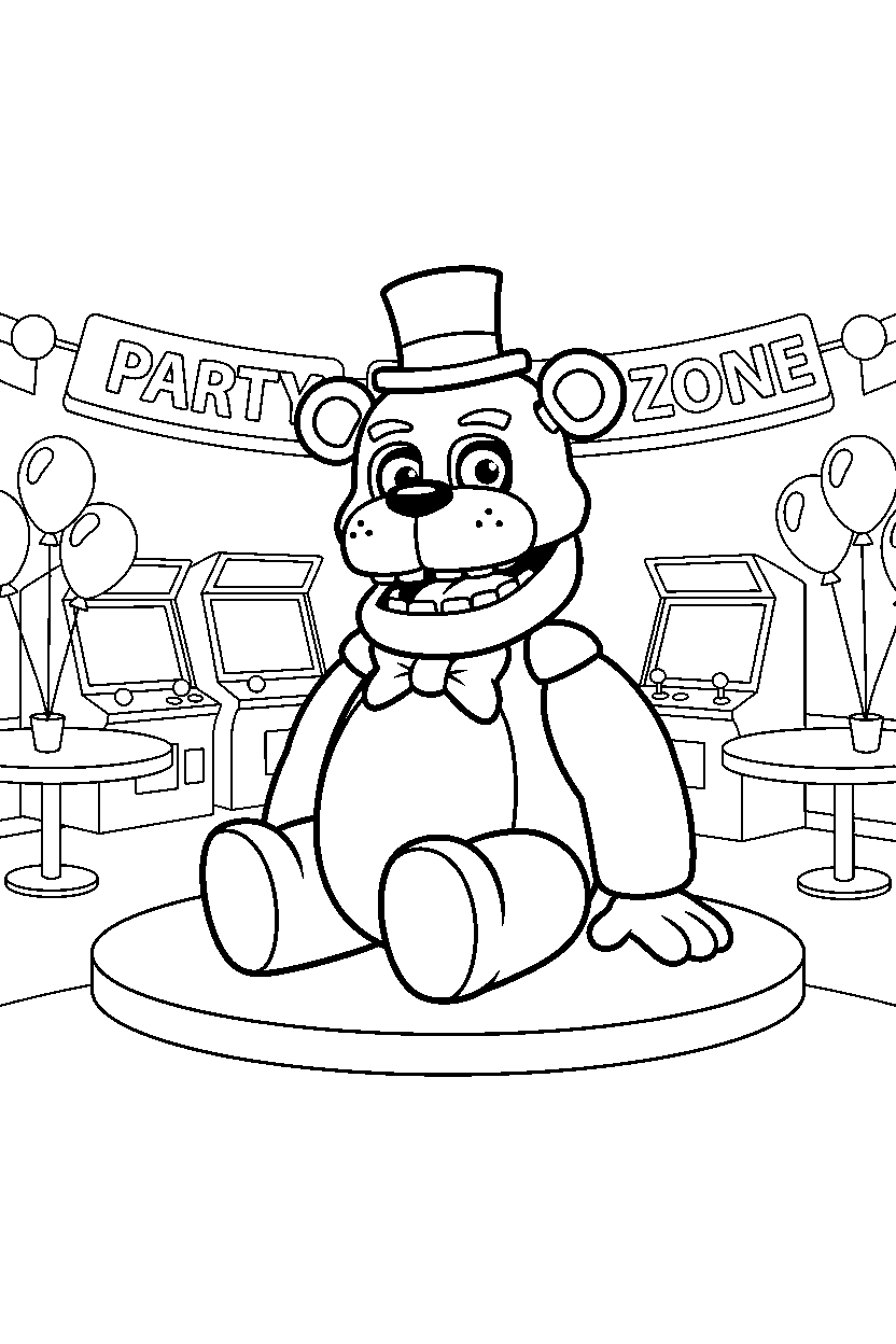 freddy fazbear from five nights at freddy s sitting and smiling in a fun entertainment center line art