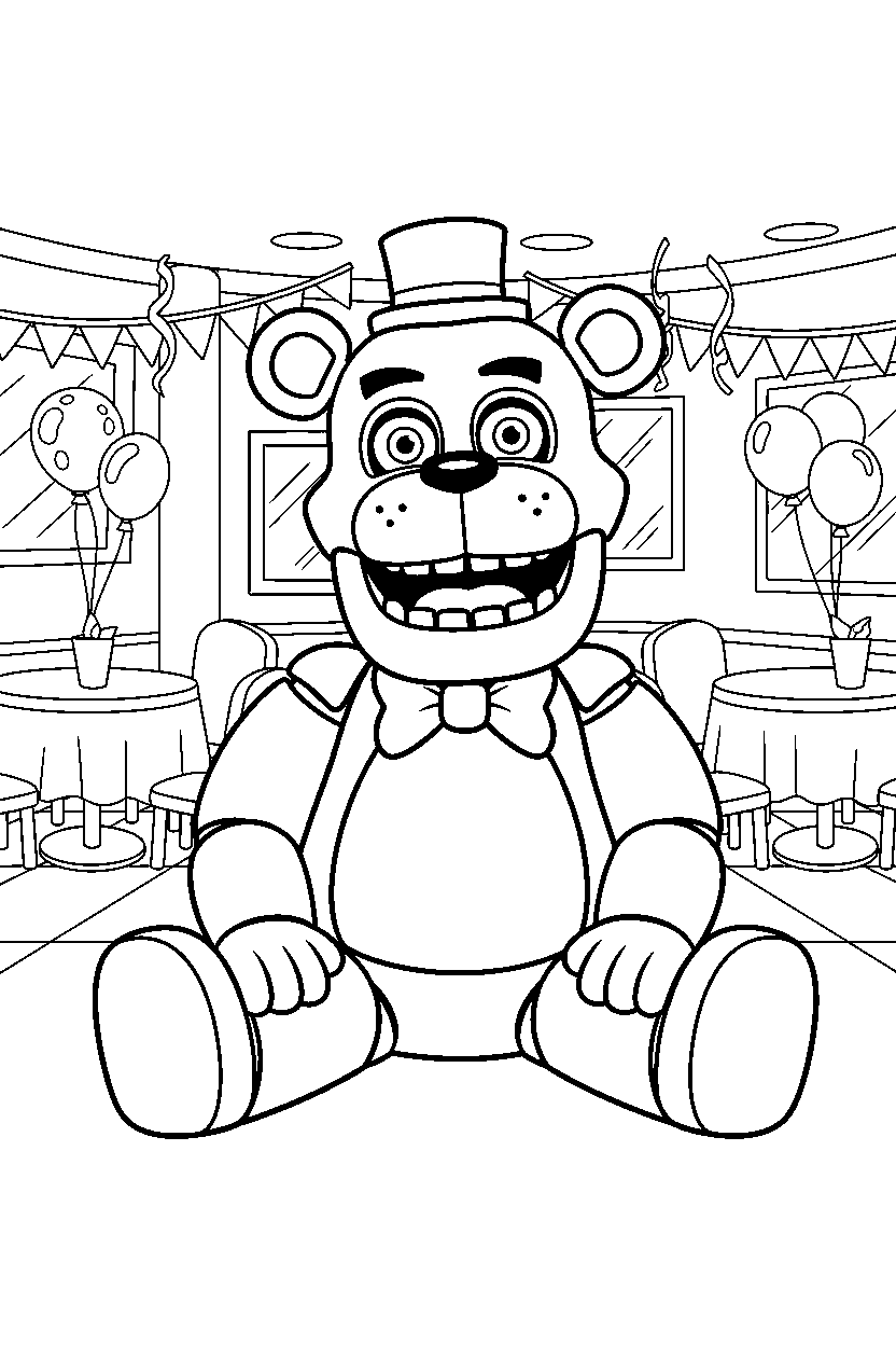 freddy fazbear from five nights at freddy s sitting and smiling inside a cartoon party hall line art