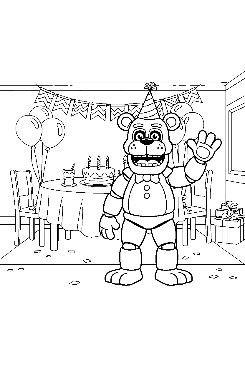 freddy fazbear from five nights at freddy s standing and waving in a birthday celebration room line art