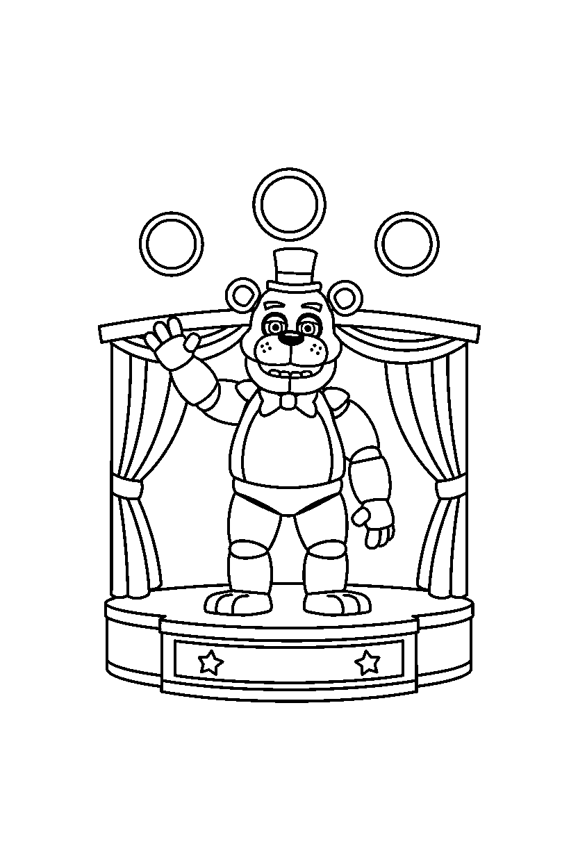 freddy fazbear from five nights at freddy s standing and waving on a performance stage line art
