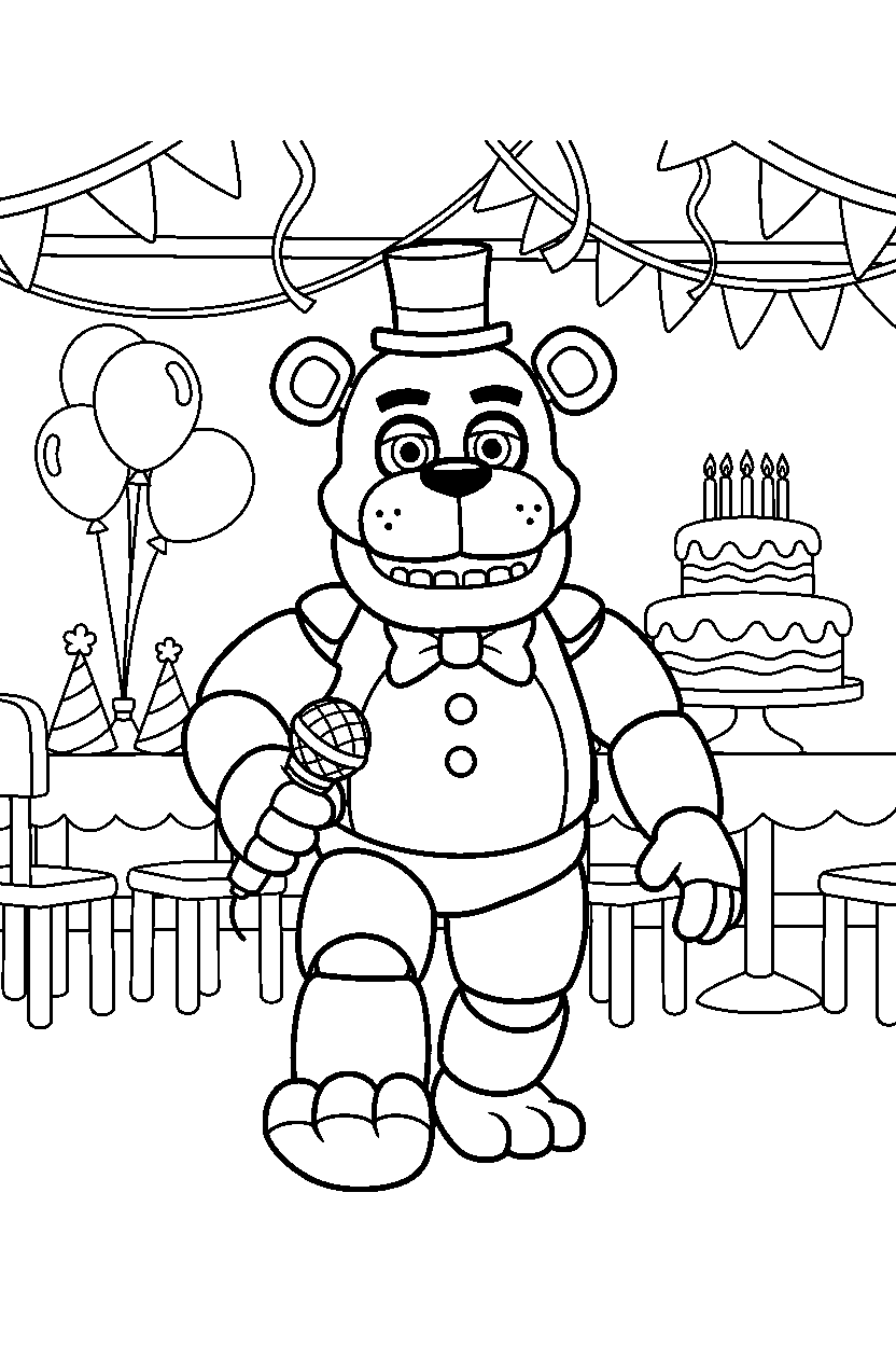 freddy fazbear from five nights at freddy s walking forward in a birthday celebration room line art