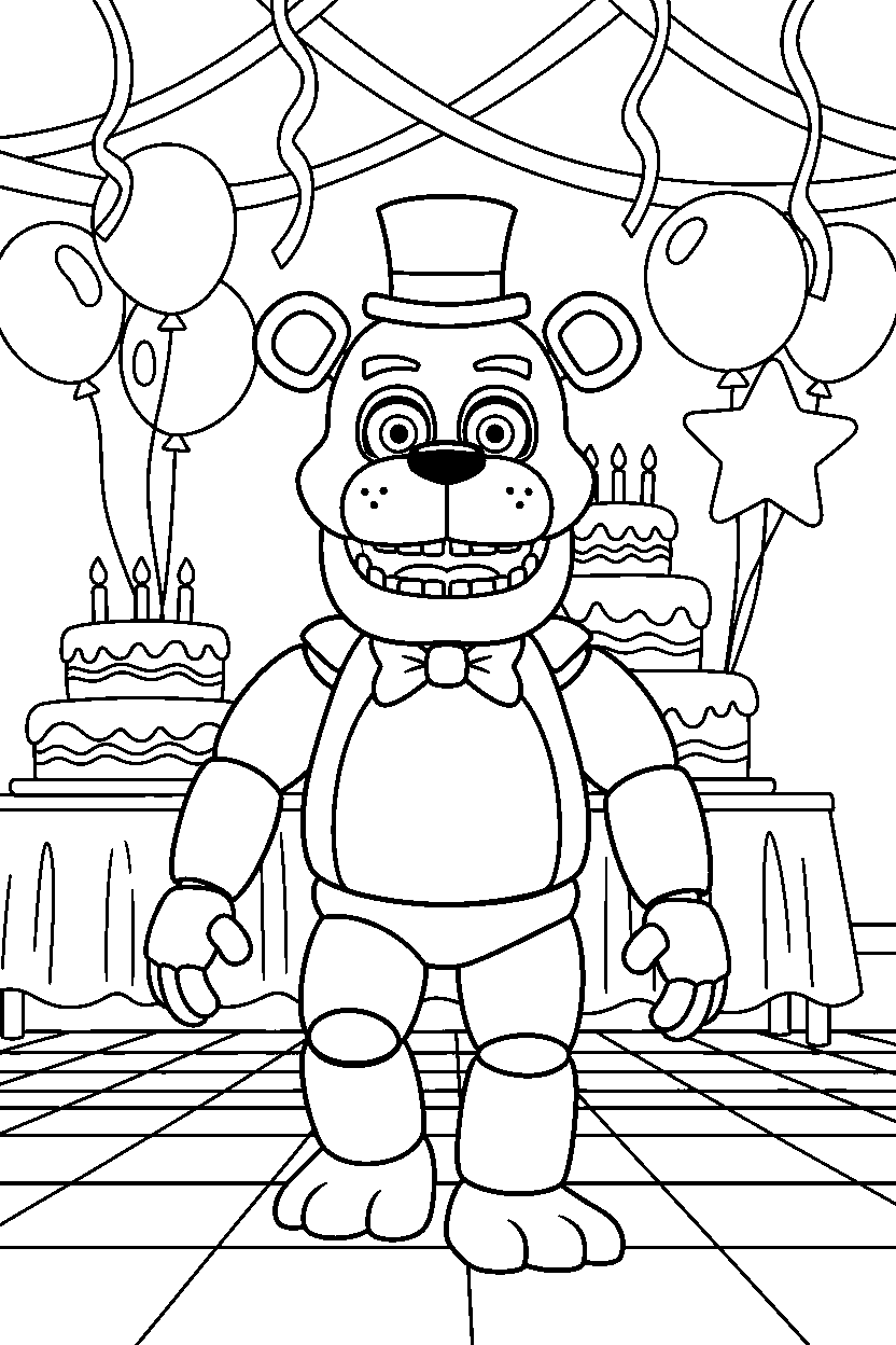 freddy fazbear from five nights at freddy s walking forward in a decorated party room line art
