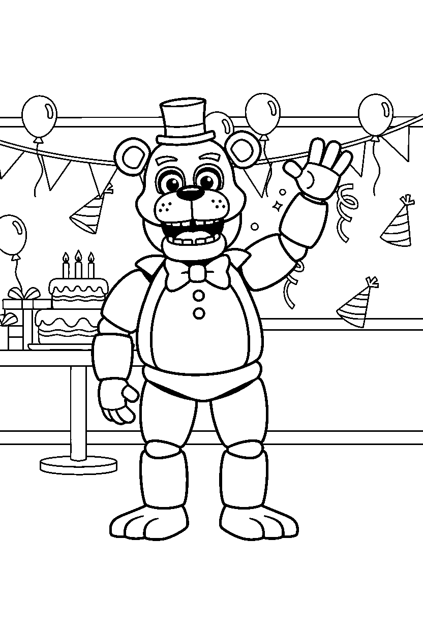 freddy fazbear from five nights at freddy s waving happily in a colorful party hall line art