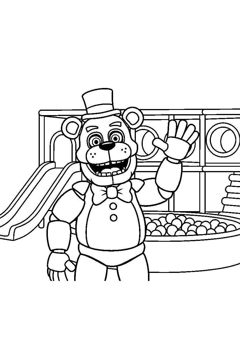 freddy fazbear from five nights at freddy s waving happily inside an indoor play area line art