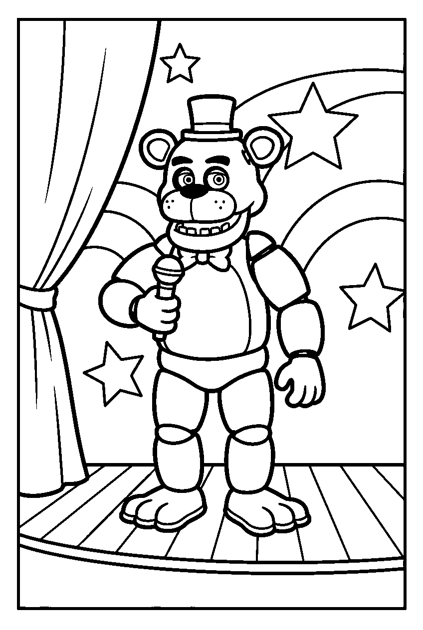 freddy fazbear singing into a microphone on the main pizzeria stage line art