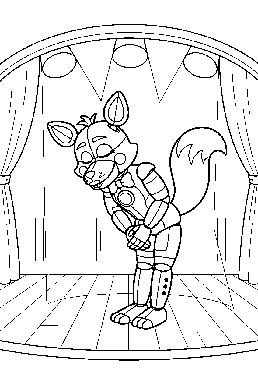 funtime foxy bowing beneath spotlights in the funtime auditorium line art