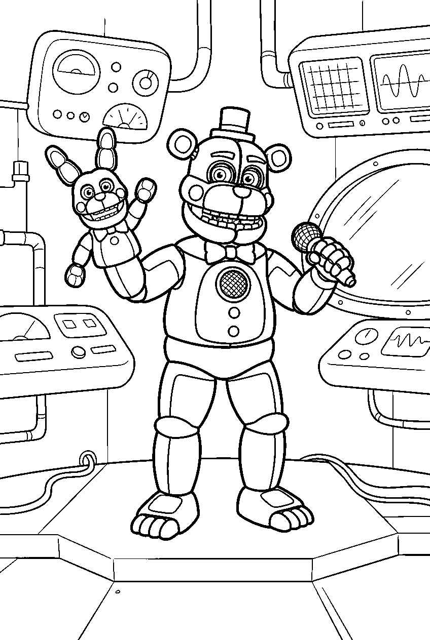 funtime freddy performing with bon bon inside the control module line art