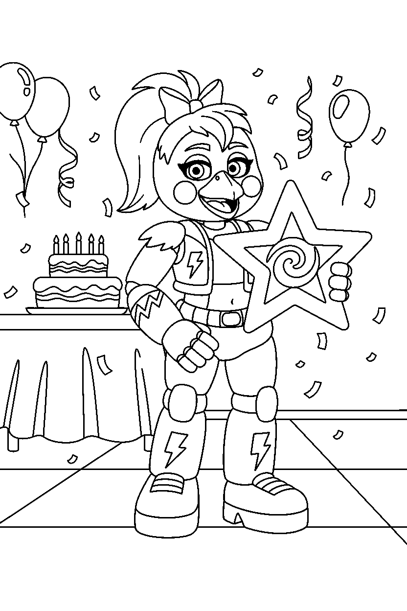 glamrock chica fnaf animatronic holding a star in a festive event room line art