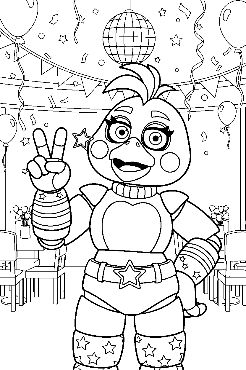 glamrock chica fnaf animatronic making a peace sign in a colorful party hall line art