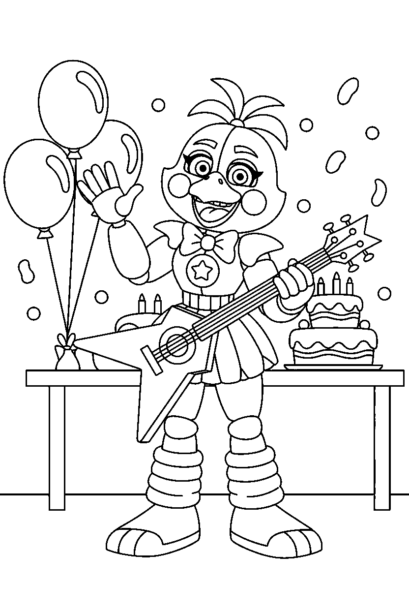 glamrock chica fnaf animatronic waving happily in a bright party room line art