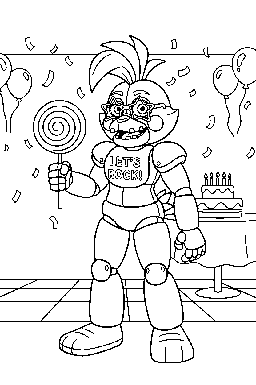 glamrock chica from five nights at freddy s holding a candy in a bright party room line art