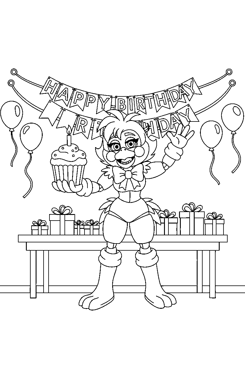 glamrock chica from five nights at freddy s holding a cupcake in a birthday celebration room line art