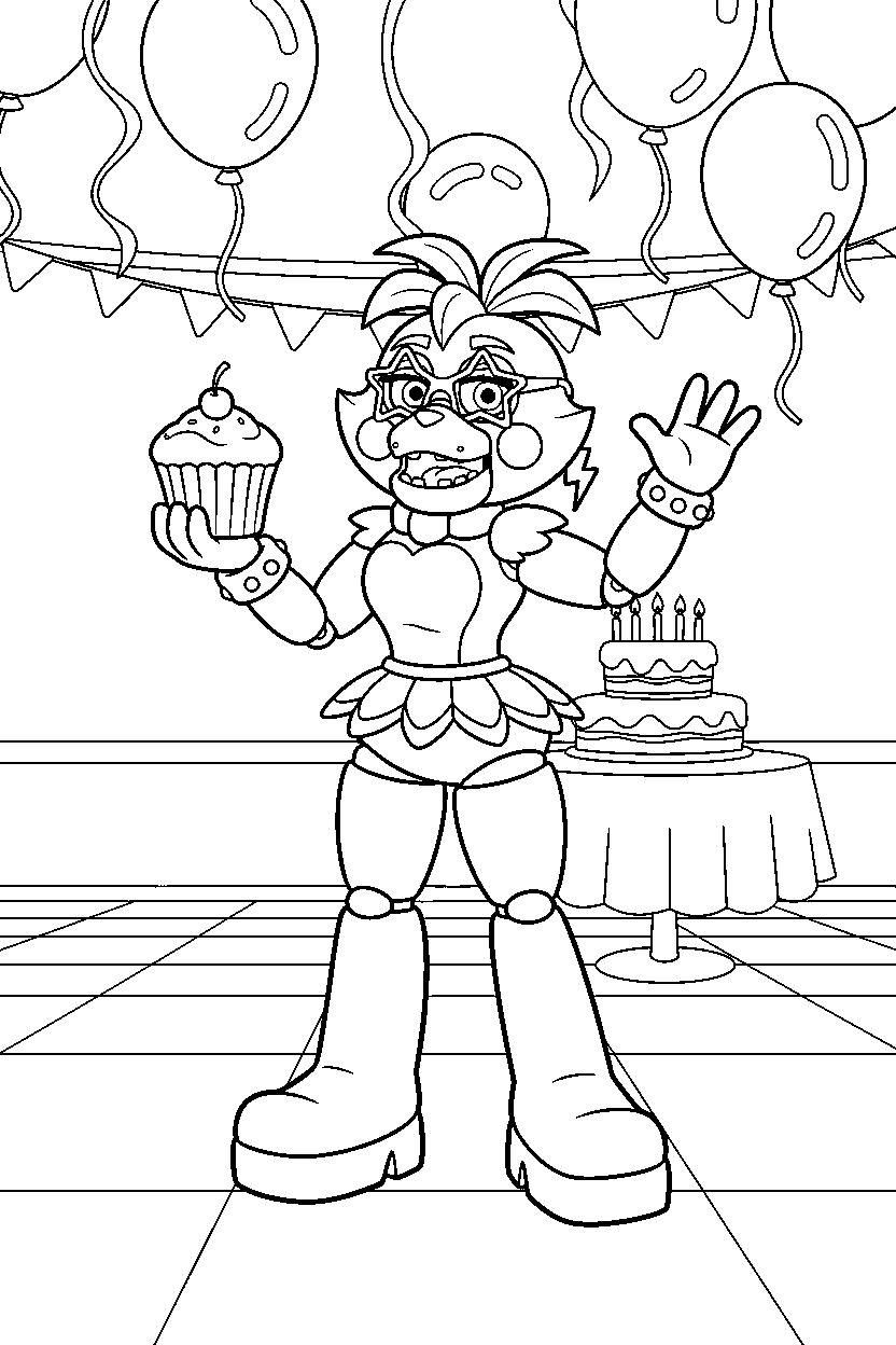 glamrock chica from five nights at freddy s holding a cupcake inside a cartoon party hall line art