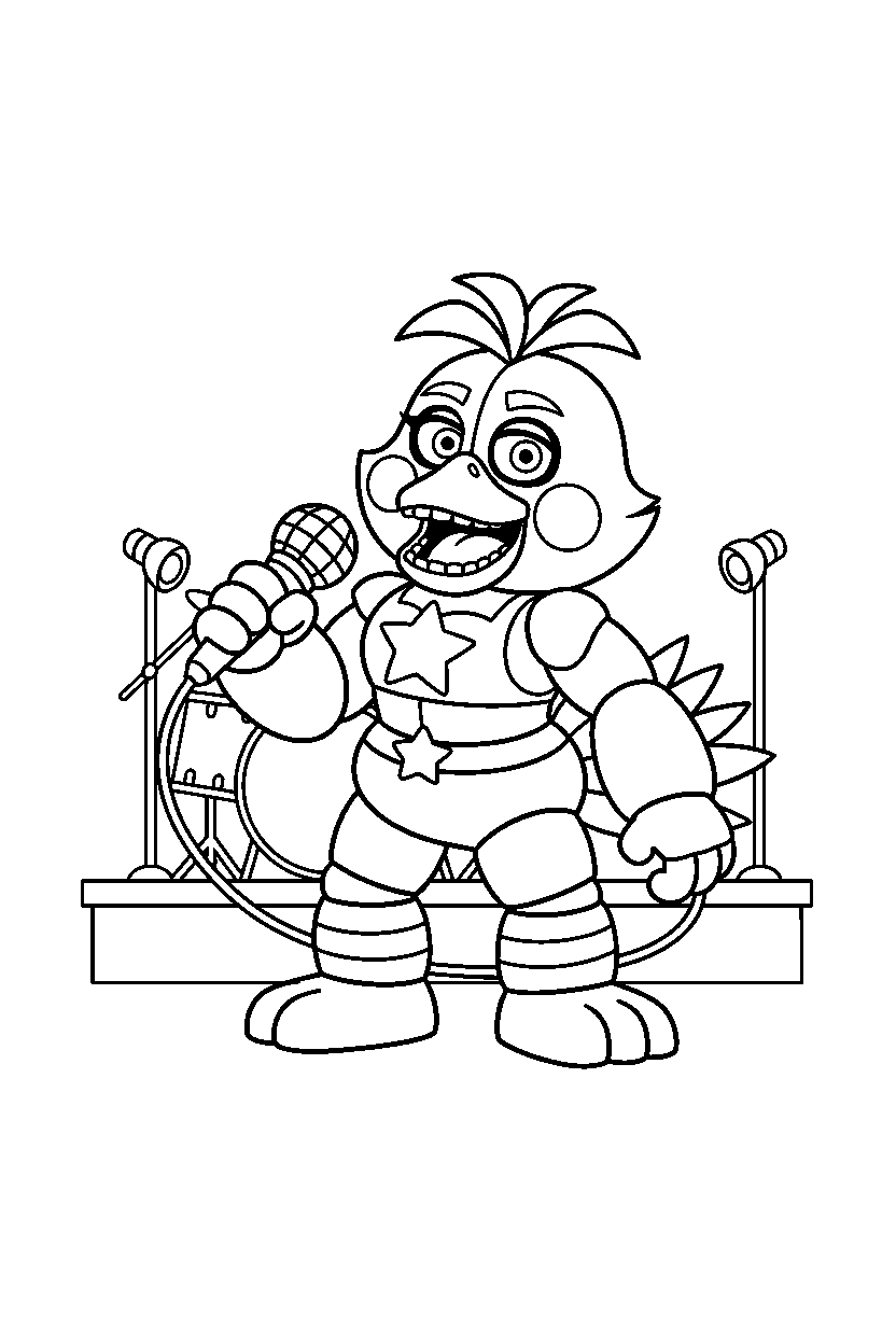 glamrock chica from five nights at freddy s holding a microphone in a show stage area line art