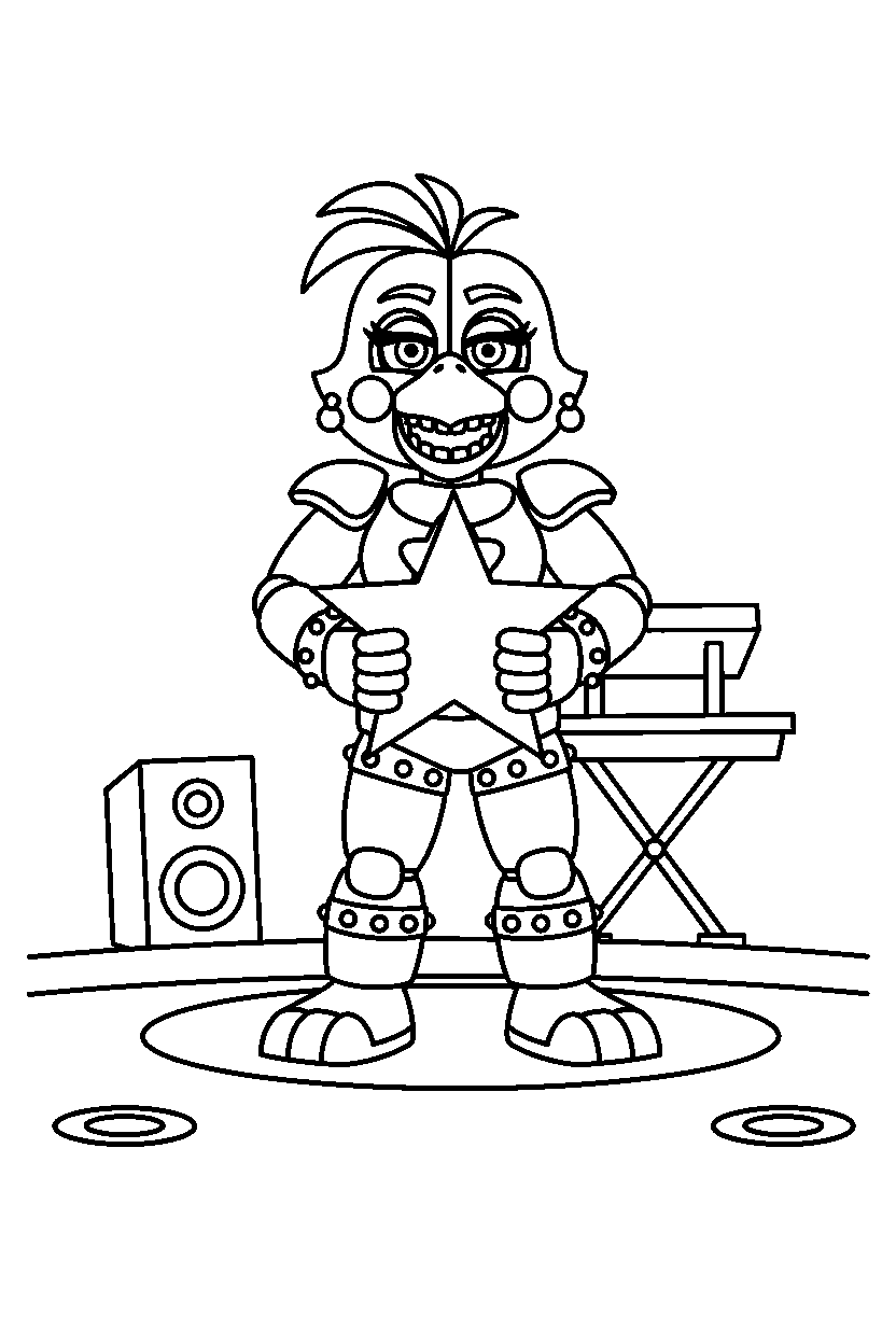glamrock chica from five nights at freddy s holding a star on a performance stage line art