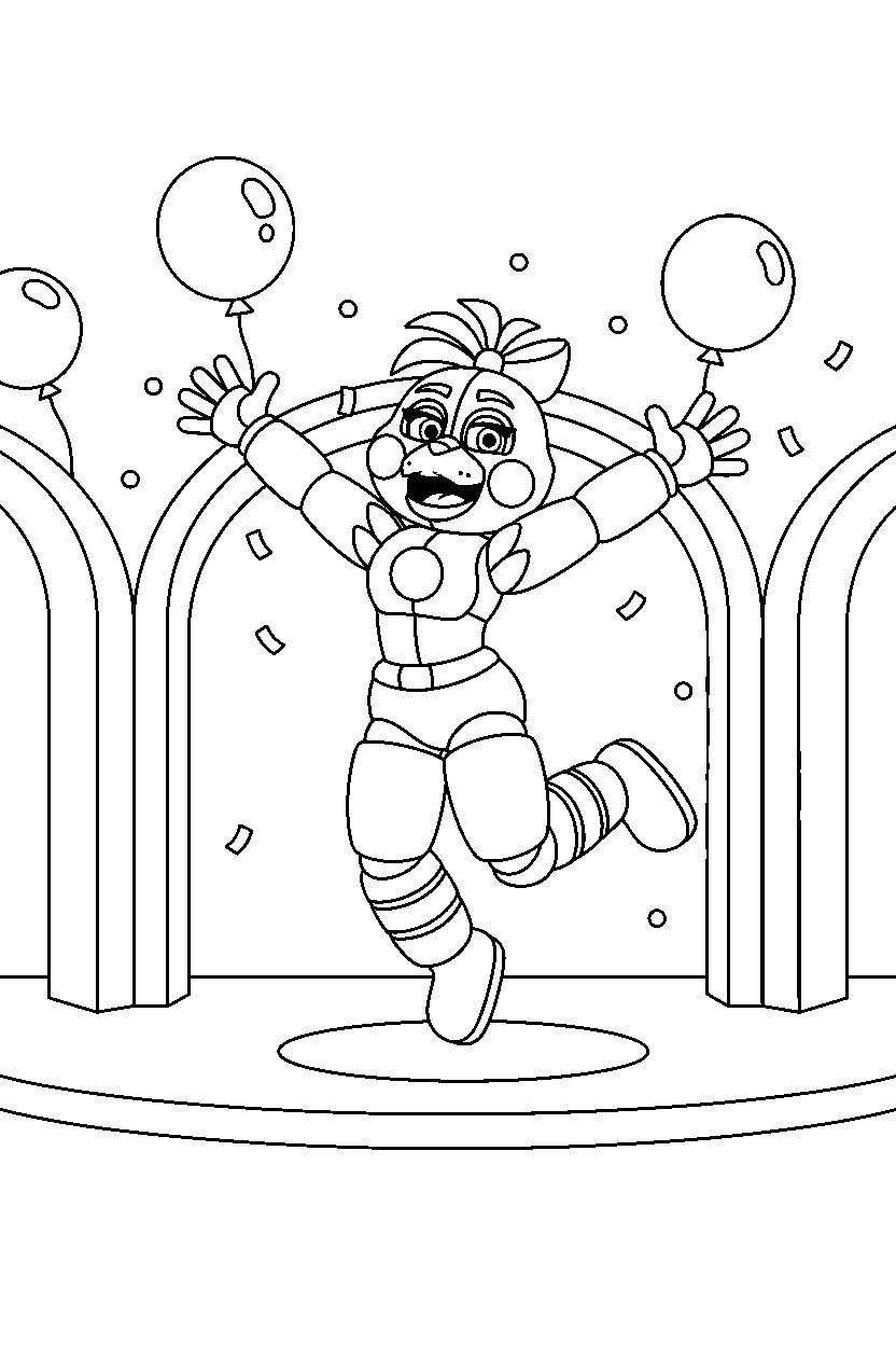glamrock chica from five nights at freddy s jumping happily inside a cartoon party hall line art