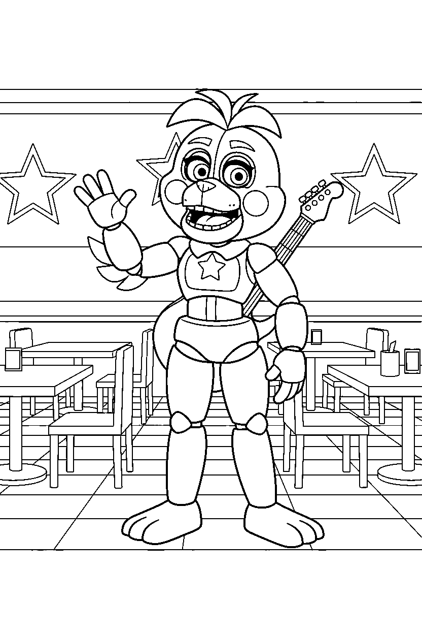 glamrock chica from five nights at freddy s making a friendly pose in a pizzeria dining area line art