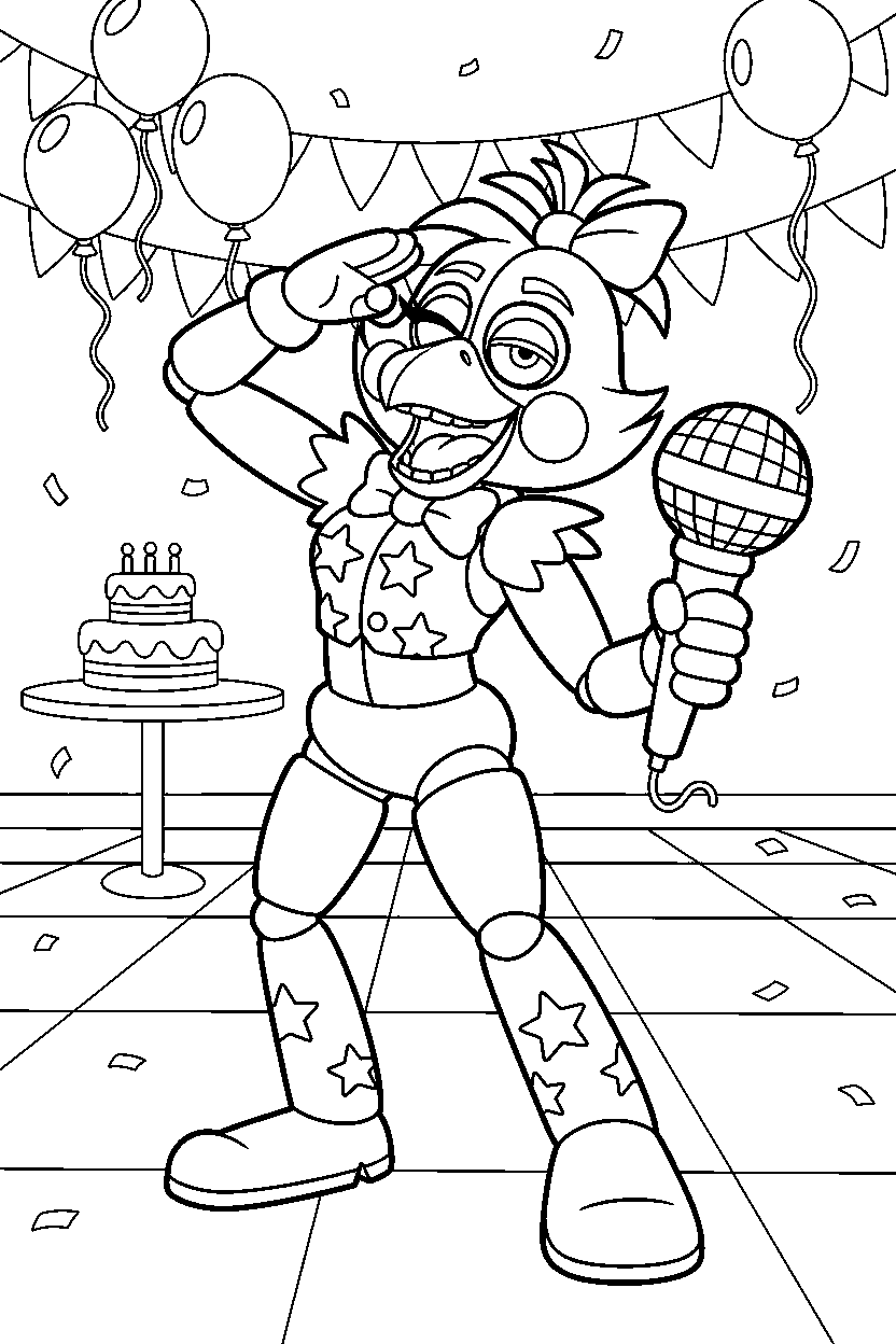 glamrock chica from five nights at freddy s making a funny pose in a festive event room line art