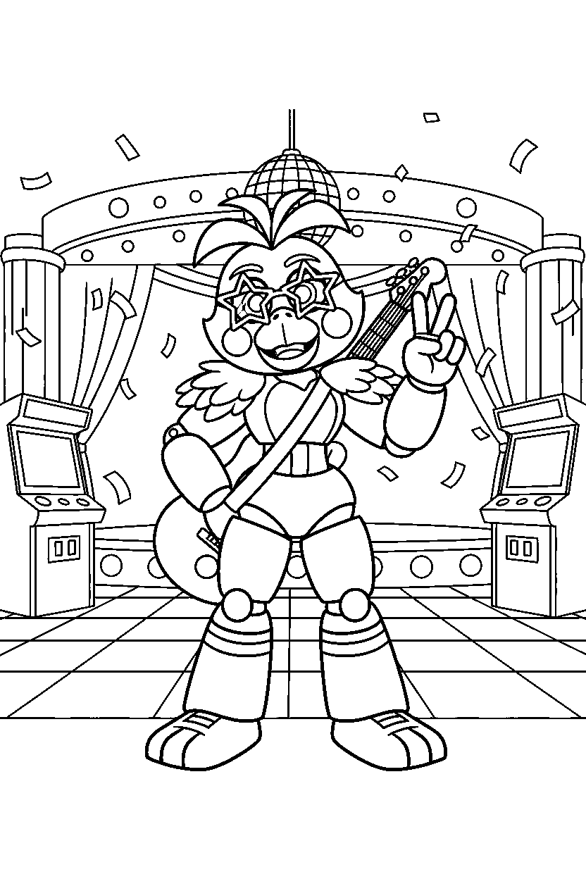 glamrock chica from five nights at freddy s making a peace sign in a fun entertainment center line art