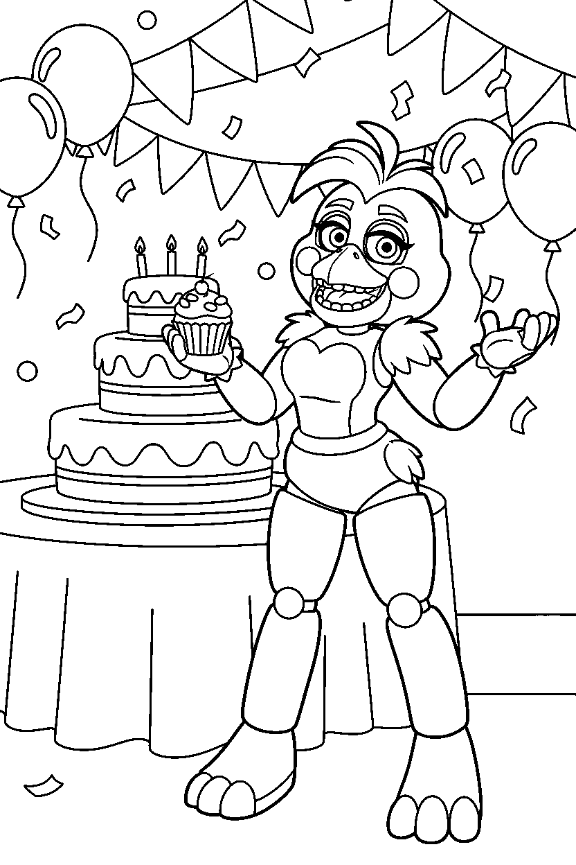 glamrock chica from five nights at freddy s posing happily in a celebration hall line art
