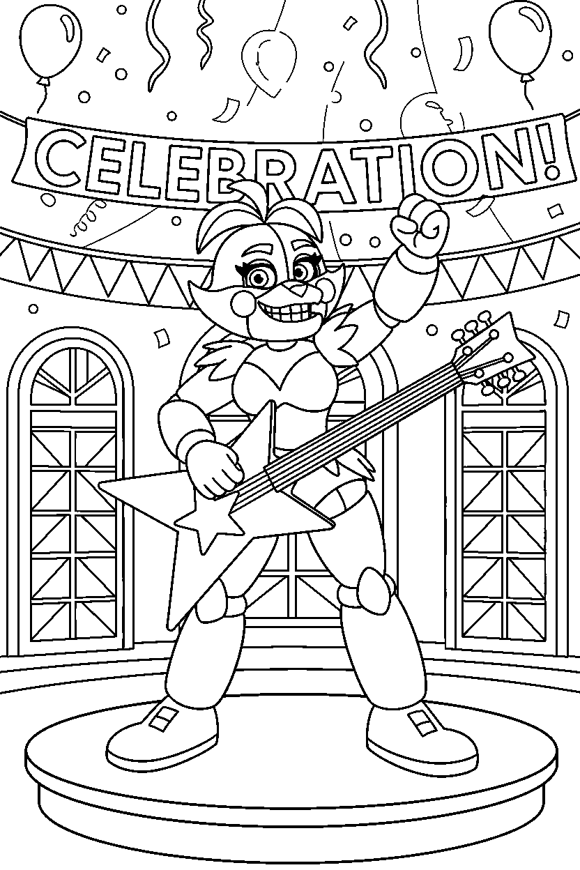 glamrock chica from five nights at freddy s posing heroically in a celebration hall line art