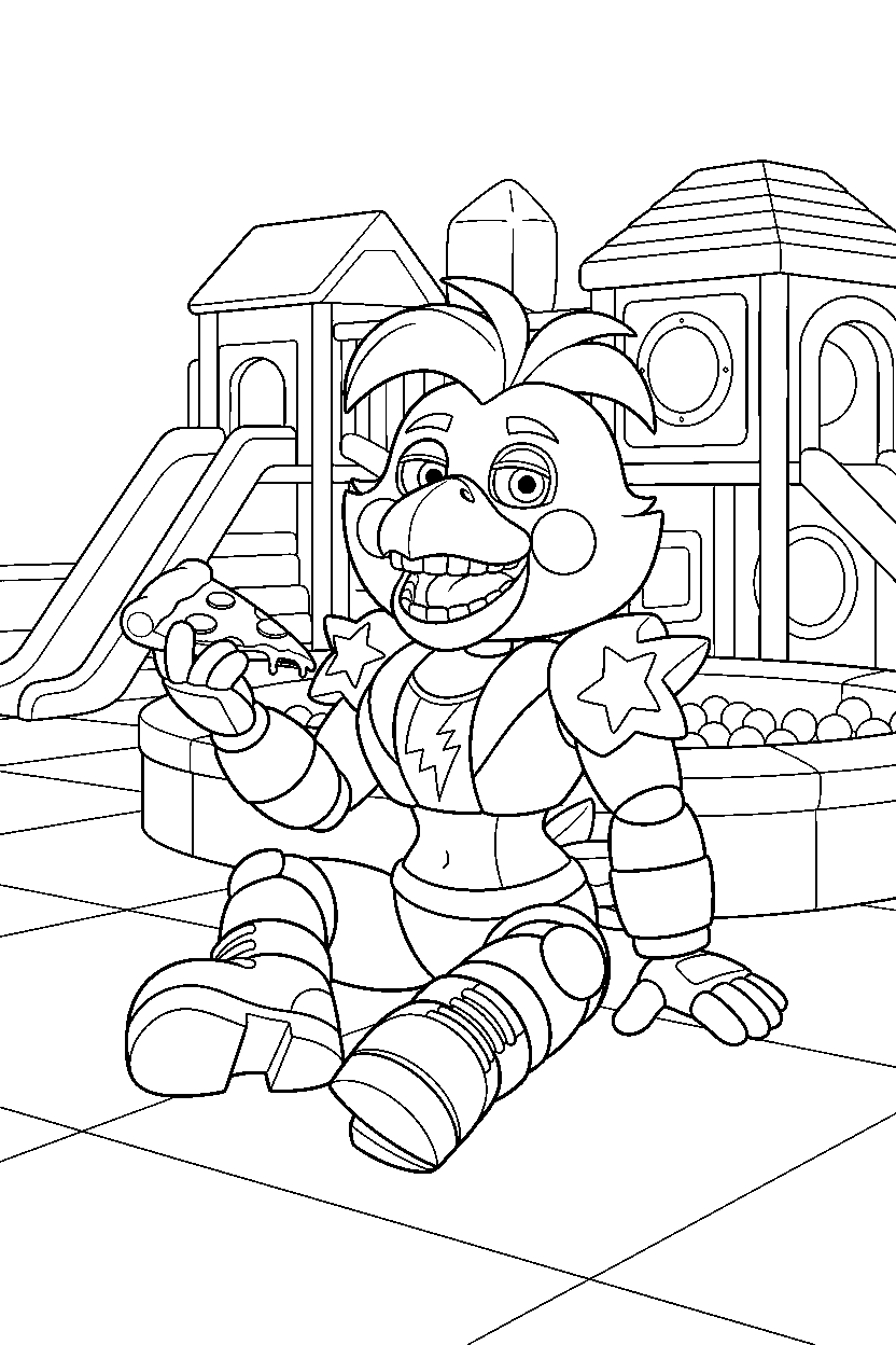glamrock chica from five nights at freddy s sitting and smiling inside an indoor play area line art