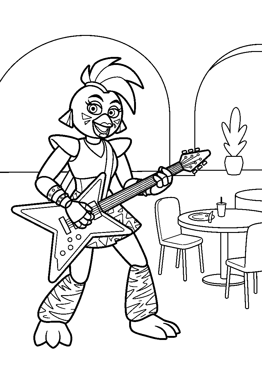glamrock chica playing guitar beside tables in the pizzaplex food court line art