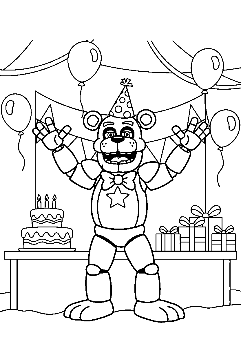 glamrock freddy fnaf animatronic celebrating happily in a birthday celebration room line art