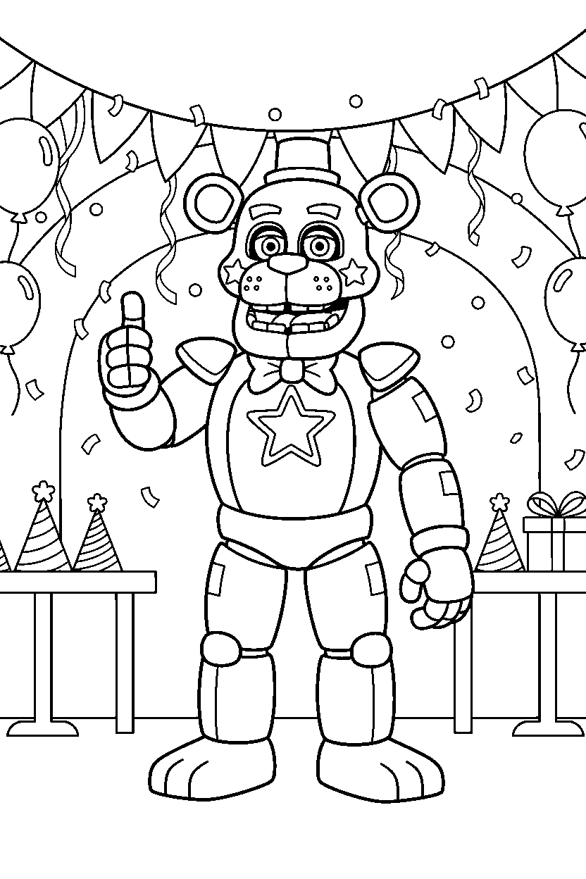 glamrock freddy fnaf animatronic giving a thumbs up in a festive event room line art