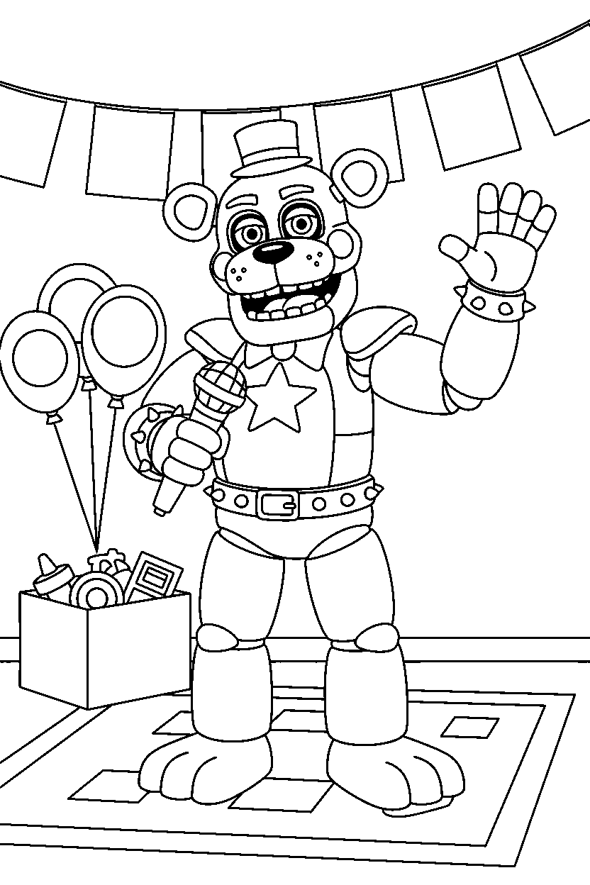 glamrock freddy fnaf animatronic greeting happily in a decorated playroom line art