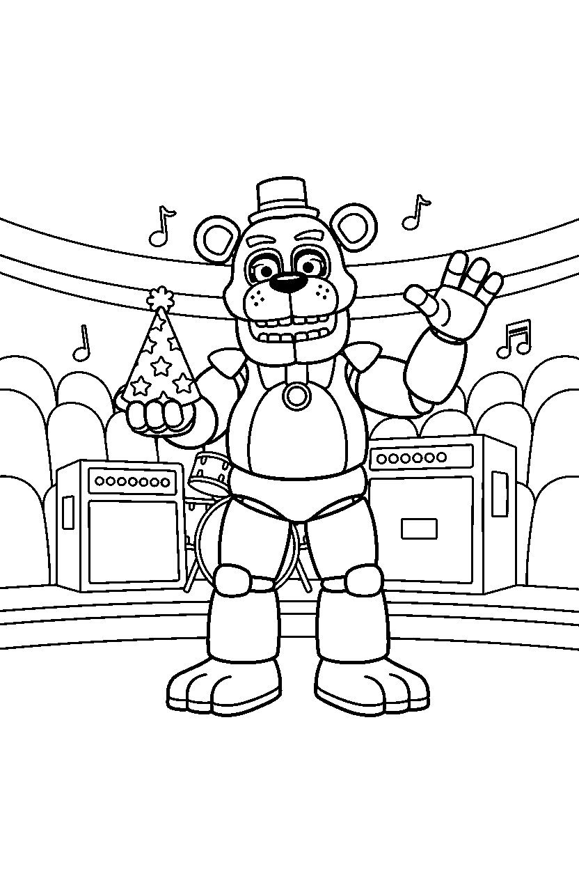 glamrock freddy fnaf animatronic holding a party hat in a music stage hall line art