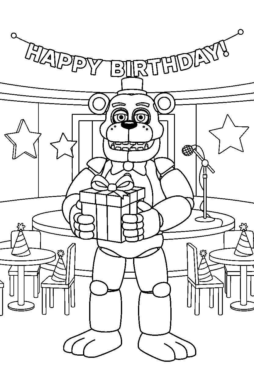glamrock freddy fnaf animatronic holding a present in a family restaurant line art
