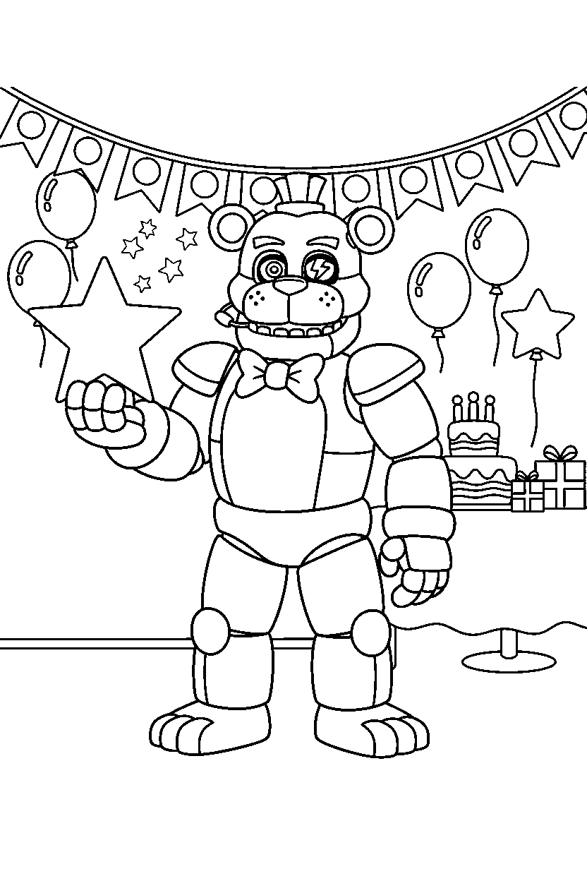 glamrock freddy fnaf animatronic holding a star in a bright party room line art
